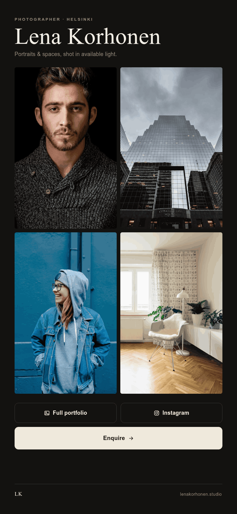 Photographer digital card with a portfolio grid and enquiry button