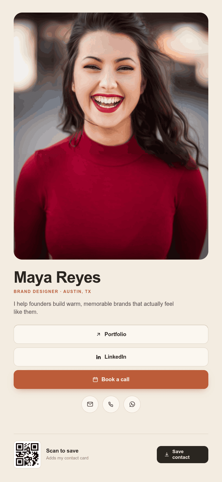Digital business card for Maya Reyes, brand designer — portfolio, LinkedIn, booking link and QR code