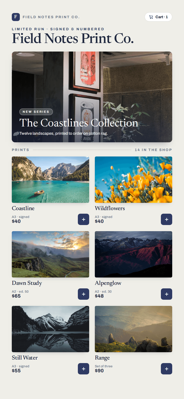 Art print shop page with product photos, prices, and buy links