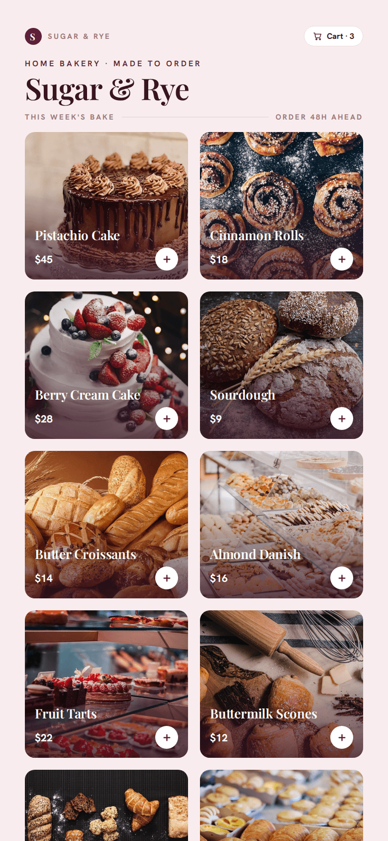 Home bakery page with cake photos, prices, and an order-by-message button