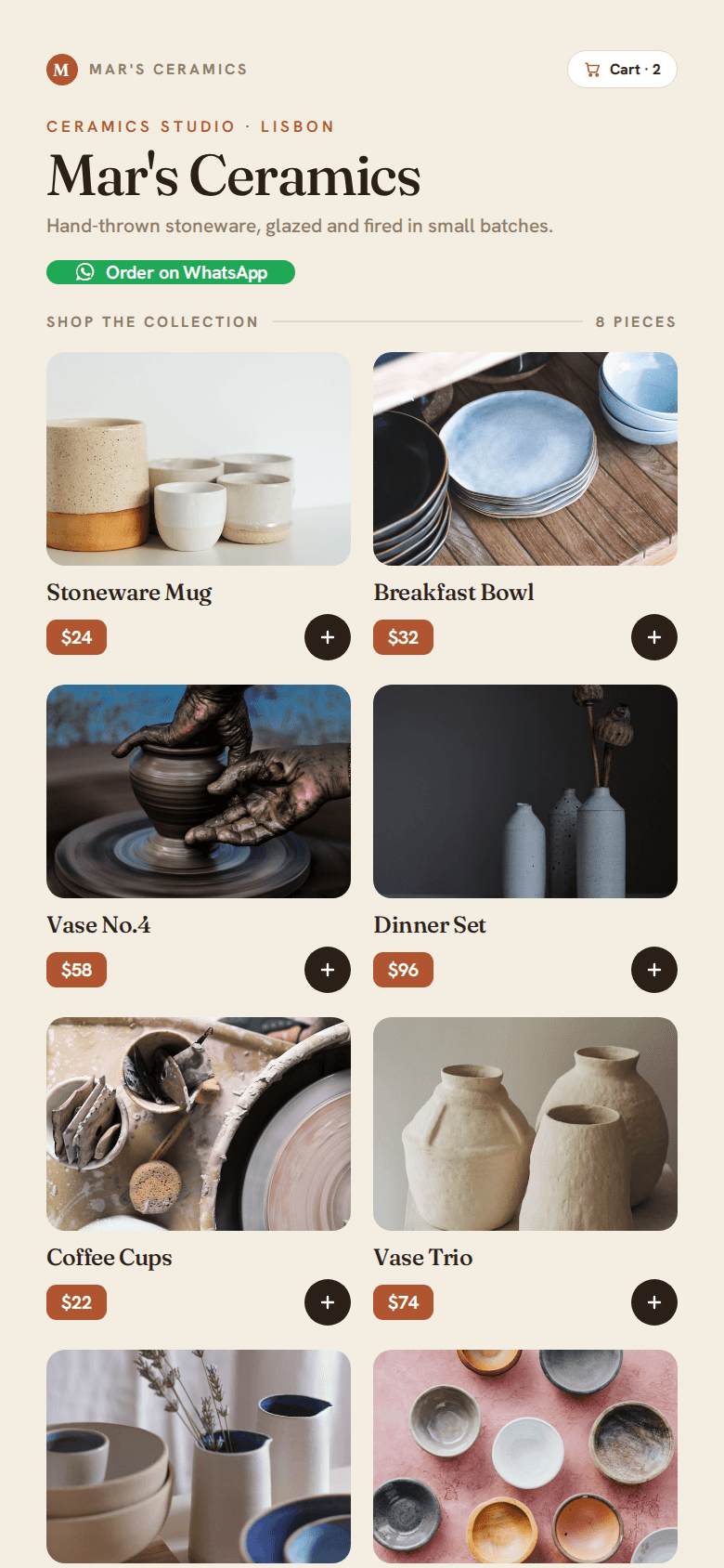 Product showcase page for Mar's Ceramics — four products with photos, prices, and WhatsApp order buttons