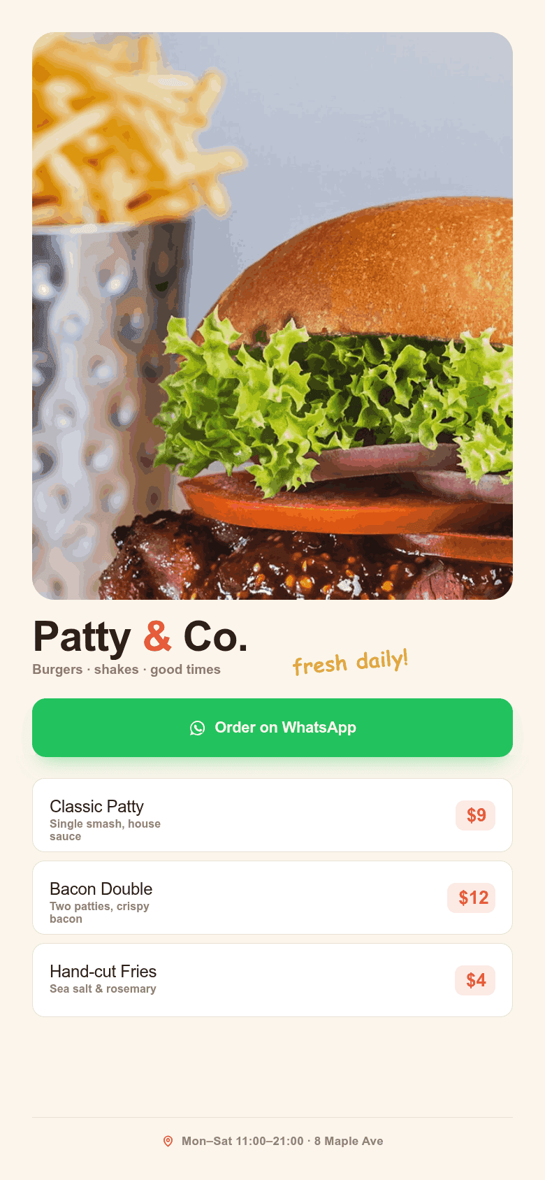 Burger restaurant page with a WhatsApp order button and short menu