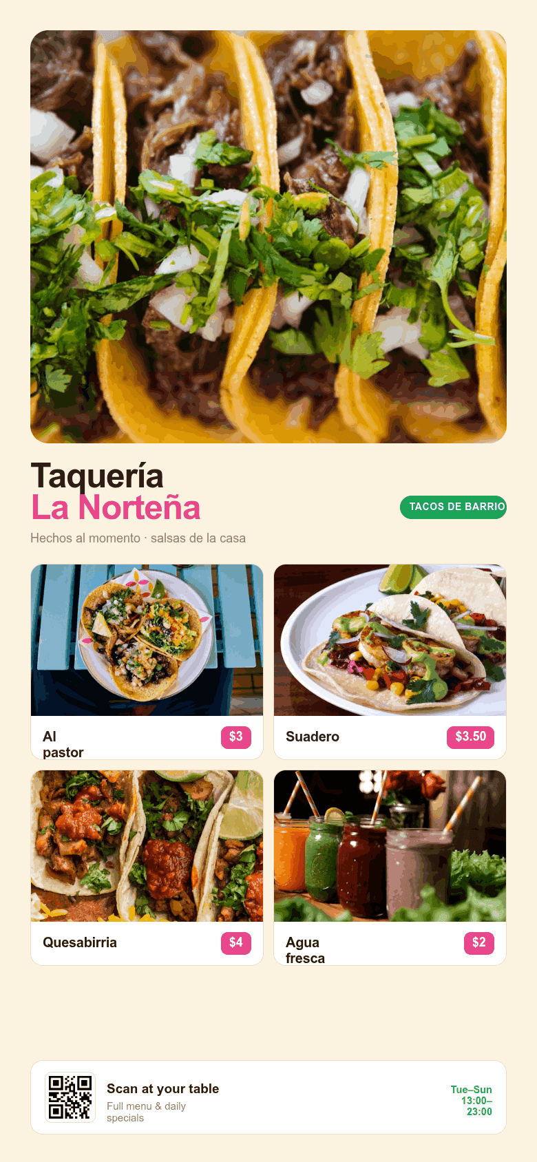 Taquería photo menu page with dishes and prices