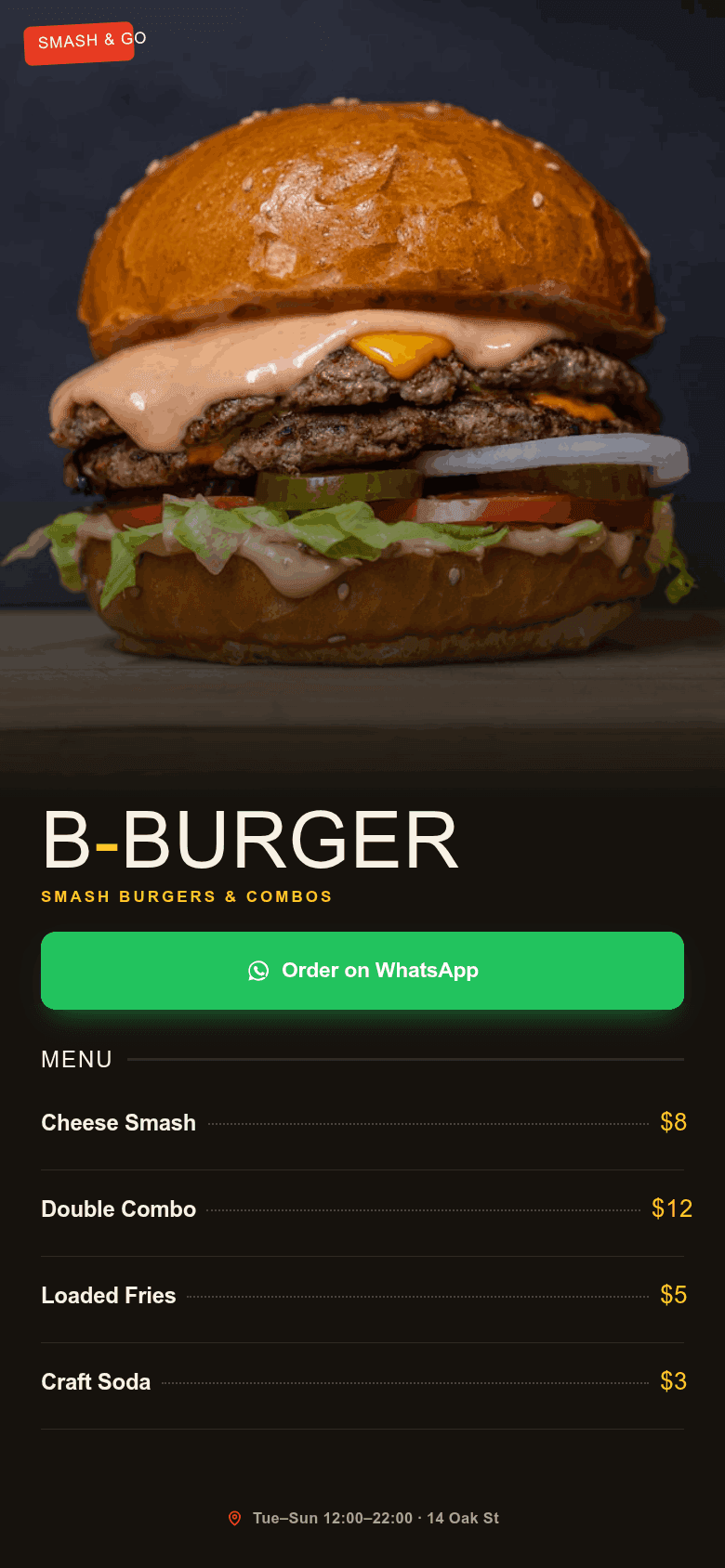 Restaurant website for B-Burger with a WhatsApp order button, priced menu, hours and address